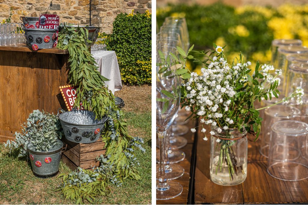 Paniculata y margaritas adoran la mesa de las bebidas para la boda en la Masía Mas Sendra| La Floreria